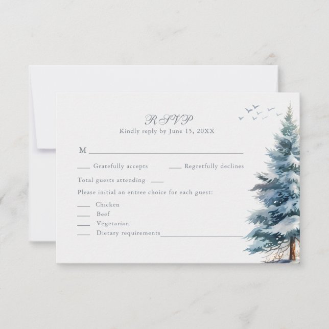 Boho Snowy Mountain & Pine Trees Wedding RSVP Card (Anverso)