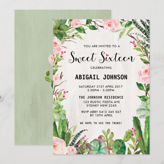 Boho Succulents Sweet 16 Invitación Floral Rosa (Anverso / Reverso)