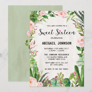 Boho Succulents Sweet 16 Invitación Floral Rosa