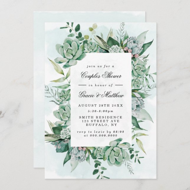 Boho Succulum Greenery Parejas Ducha Invitaciones (Anverso / Reverso)