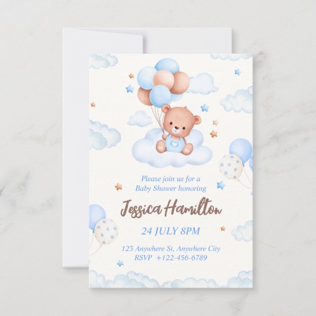 Boho Teddy Bear Boy Invitación azul a Baby Shower (Anverso)