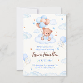 Boho Teddy Bear Boy Invitación azul a Baby Shower