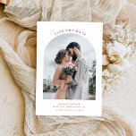boho terracotta arch boda guardar la tarjeta de fe<br><div class="desc">diseño moderno de arco de guiones con una imagen de pareja y texto personalizado. Las características de texto de este diseño se pueden editar</div>