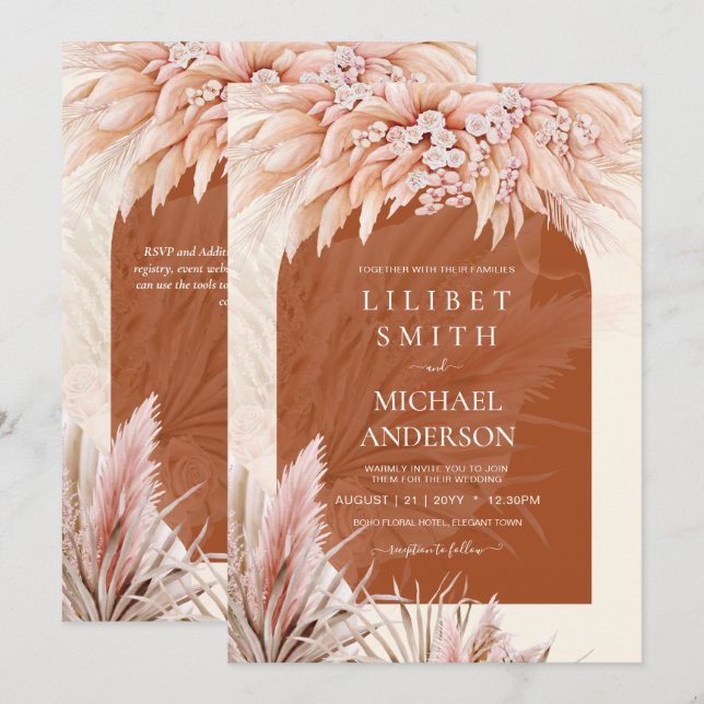 BOHO Terracotta Coral Pampas Grass Boda (Anverso / Reverso)