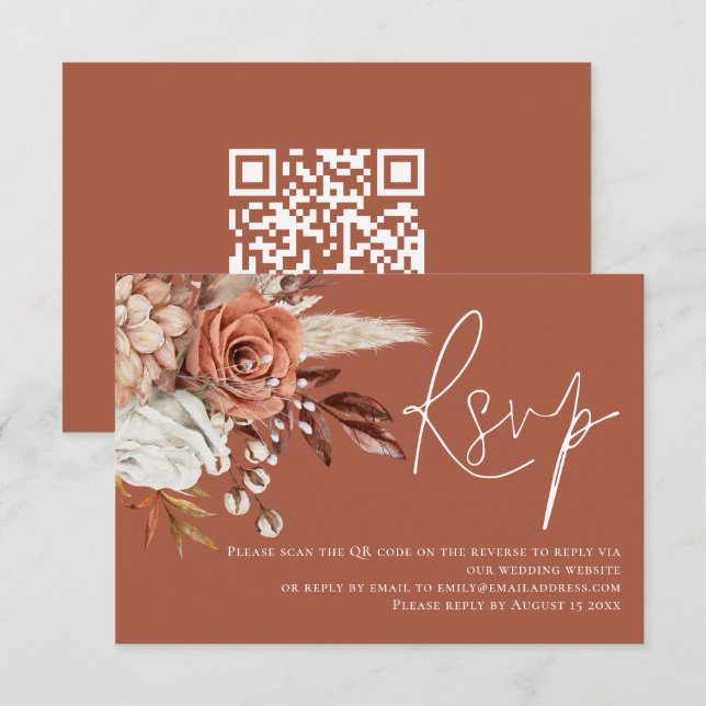 Boho Terracotta florals QR Boda Código RSVP (Anverso / Reverso)