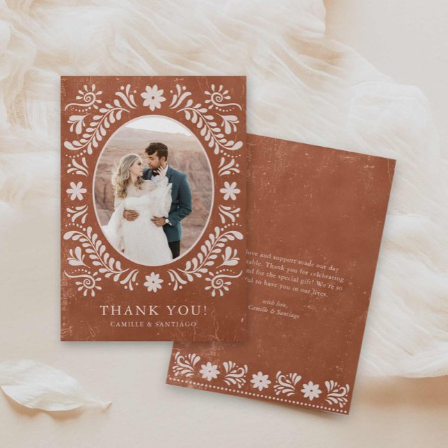 Boho Terracotta Foto Tarjeta de agradecimiento (Boho Terracotta Hand Drawn floral Wedding Photo Thank you Card)