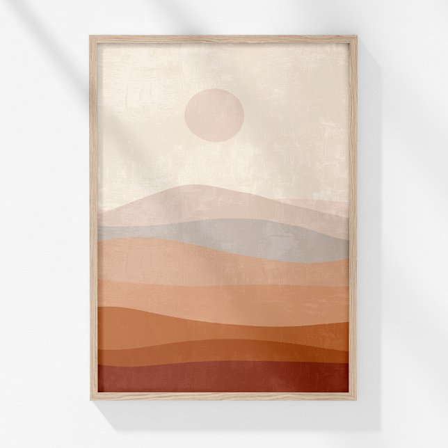 Boho Terracotta Neutral Resumen Arte Paisajístico (Boho Terracotta Neutral Abstract Landscape Art Poster in a wooden frame on a sunny white wall.)
