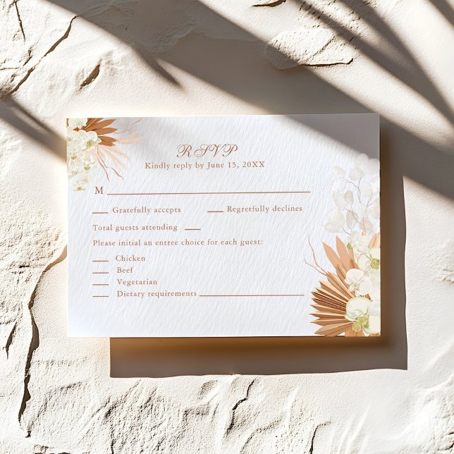 Boho Terracotta Pampas Grass Floral Boda RSVP  (Boho Terracotta Pampas Grass Floral Wedding RSVP on a sunny rustic stone table.)