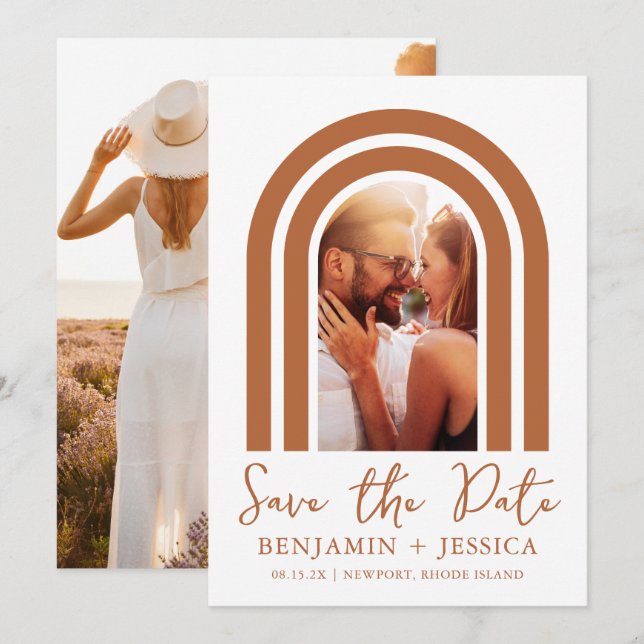 Boho Terracotta Photo Arch Wedding Salva la fecha (Anverso / Reverso)