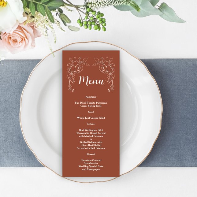 Boho Terracotta Quemada Naranja Boda Floral Menú (terracotta wedding menu, trendy elegant modern rustic menu, earthy tones wedding menu)