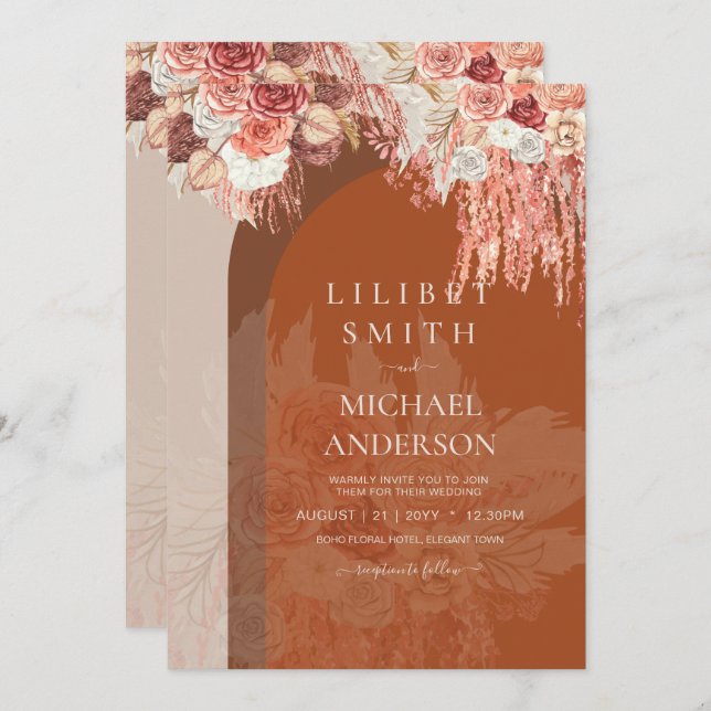 Boho Terracotta Rosa Pampas Boda de Grass Floral (Anverso / Reverso)