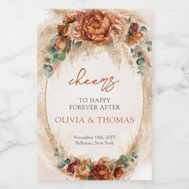 Boho Terracotta y flores borgoñas pampas pasto (Etiqueta única)