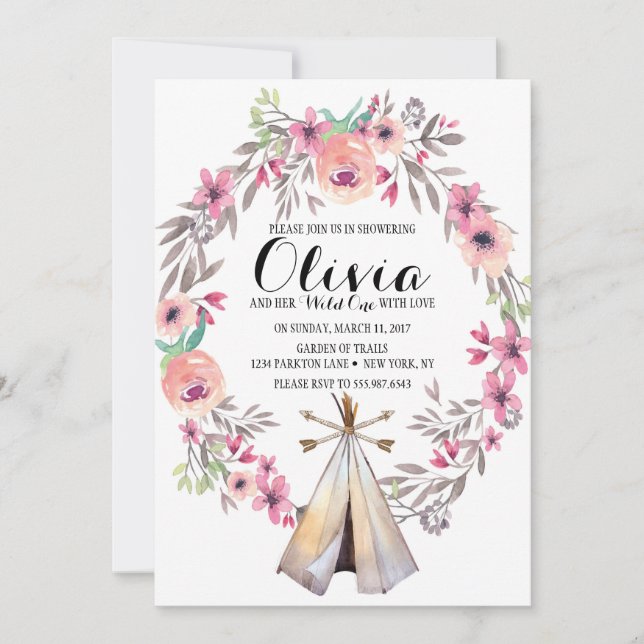 Boho Tribal Baby Shower Invitación Floral Teepee (Anverso)
