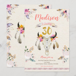 Boho Tribal Floral Skull 30 cumpleaños invitación