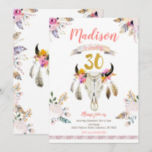 Boho Tribal Floral Skull 30 cumpleaños invitación