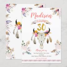 Boho Tribal Floral Skull 30 cumpleaños invitación