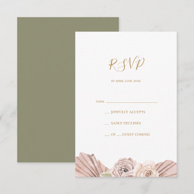 Boho Tropical Botanical | Tarjeta RSVP verde oliva (Anverso / Reverso)