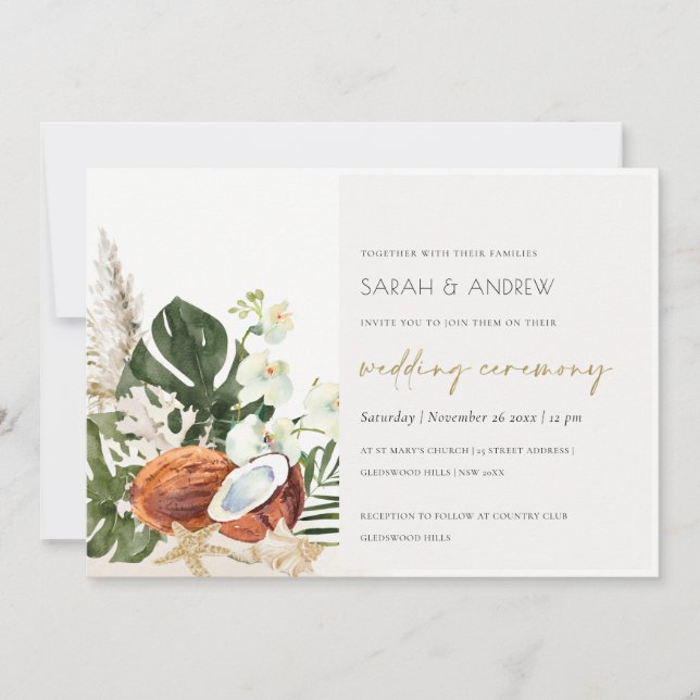 Boho tropical Coconuts Orquídeas Invitación a la B (Anverso)