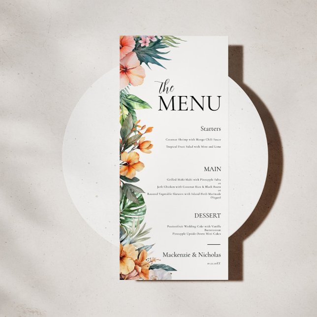 Boho Tropical Floral Boda Menú (tropical wedding food menu)
