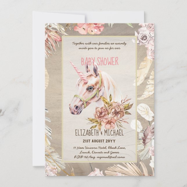 BOHO UNICORN Baby Shower Invitaciones acuarela (Anverso)