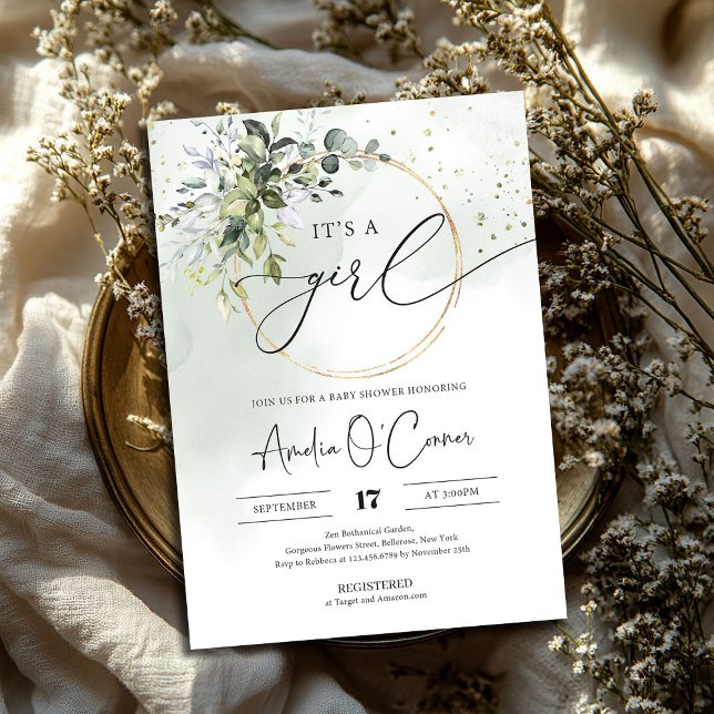 Boho verde es una invitación Chica a Baby Shower (Greenery Boho It's A Girl Baby Shower Invitation with modern callygraphy script font)