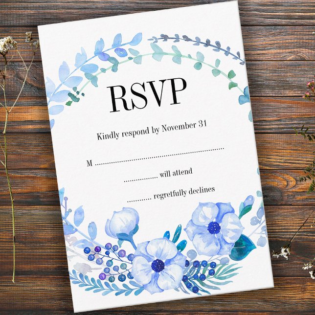 Boho Watercolor Blue Floral Wedding Tarjeta RSVP (Subido por el creador)