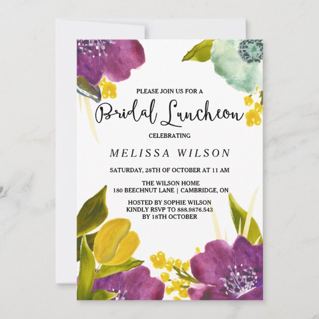 Boho Watercolor Flowers Bridal Luncheon Invitación (Anverso)