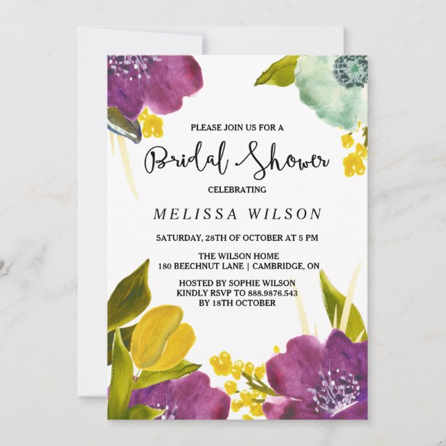 Boho Watercolor Flowers Bridal Shower Invitación (Anverso)