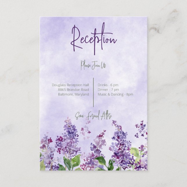 Boho Watercolor Lilac Flowers Boda de recepción (Anverso)