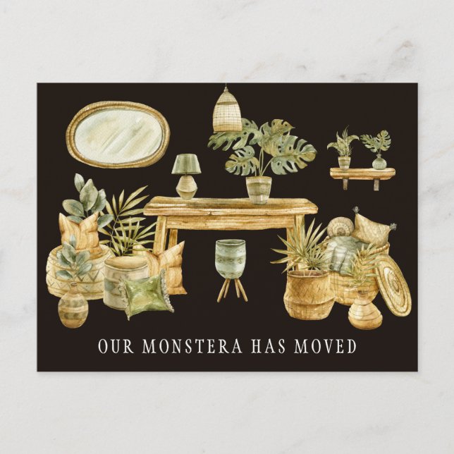 Boho Watercolor Monstera Moving Invitación (Anverso)