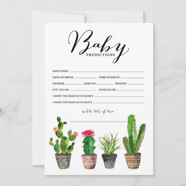 Boho Watercolor Succulens Baby Predictions Card (Anverso)