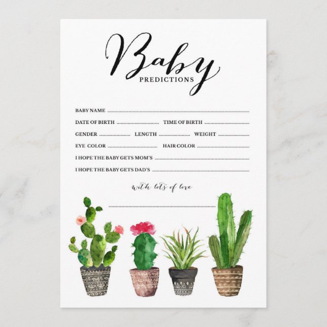Boho Watercolor Succulens Baby Predictions Card (Anverso)