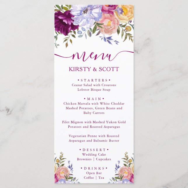 Boho Watercolor Summer Flowers Menú Boda (Anverso)