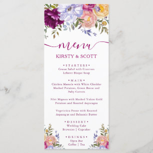 Boho Watercolor Summer Flowers Menú Boda