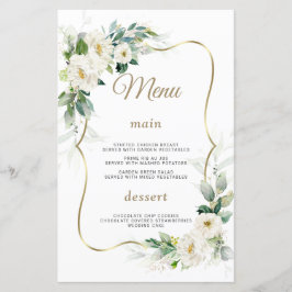 Boho Watercolor White Flowers Gold Boda Menú