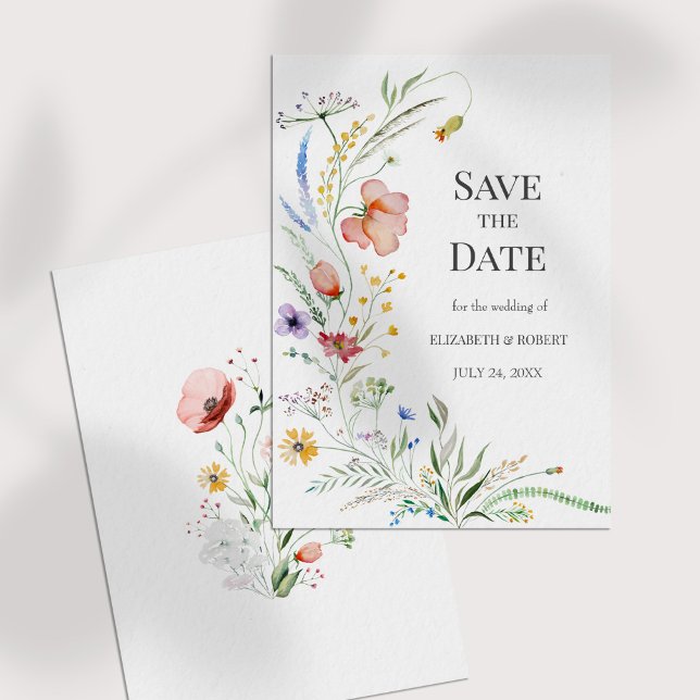 Boho Watercolor Wildflowers Guardar La Tarjeta De  (Boho Watercolor Wildflowers Save The Date Card on a white table)