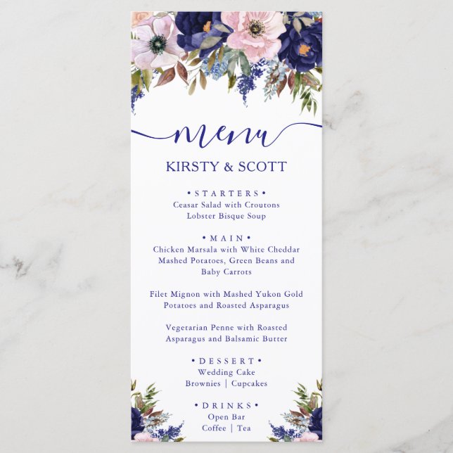 Boho Watercolor Winter Flowers Menú Boda (Anverso)