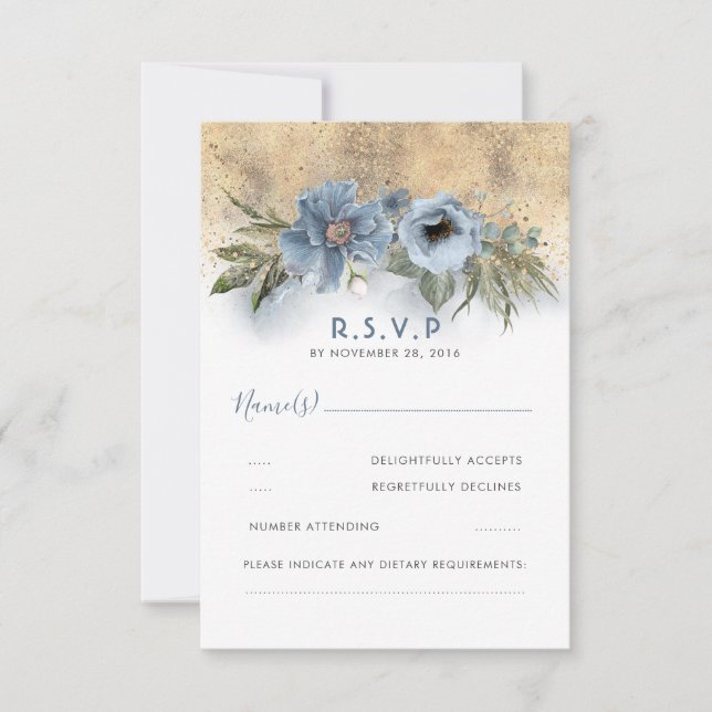 Boho Wedding Purpurina Dusty Blue y Gold RSVP (Anverso)