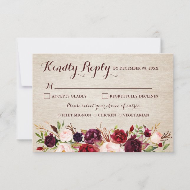 Boho Wedding RSVP de Borgoña Rojo Floral (Anverso)