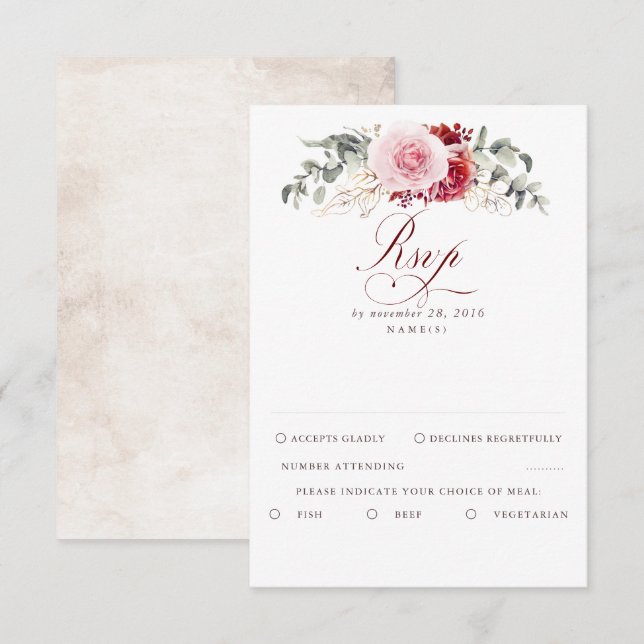 Boho Wedding RSVP de la oliga roja de Borgoña (Anverso / Reverso)