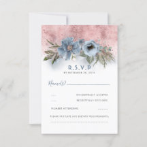Boho Wedding RSVP Purpurina de oro azul y Rosa