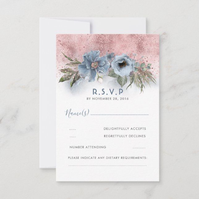 Boho Wedding RSVP Purpurina de oro azul y Rosa (Anverso)