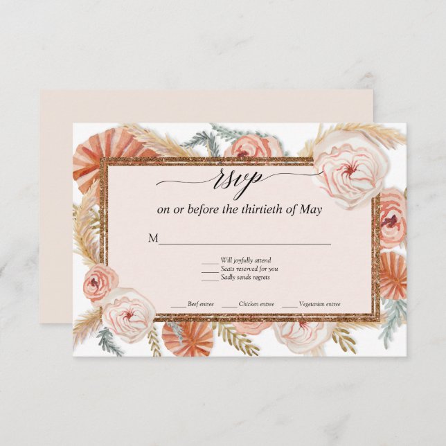 Boho White Floral Palm Tropical Pampas Grasa RSVP (Anverso / Reverso)