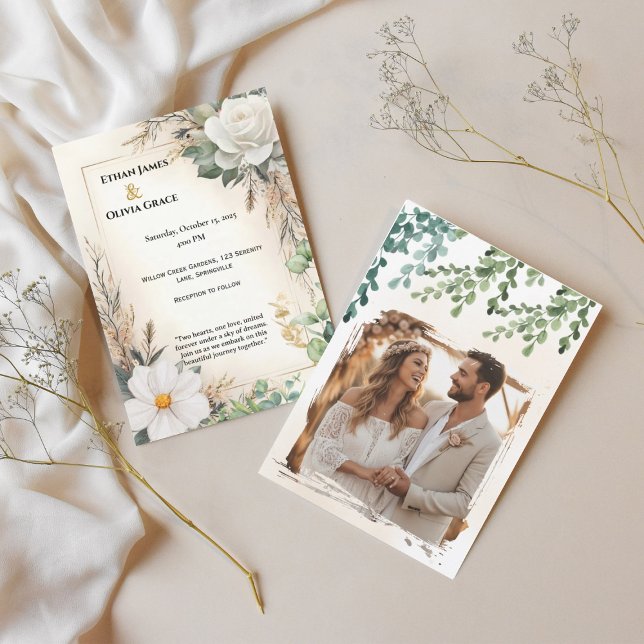 Boho White Rose Eucalyptus Invitación de oro (Subido por el creador)
