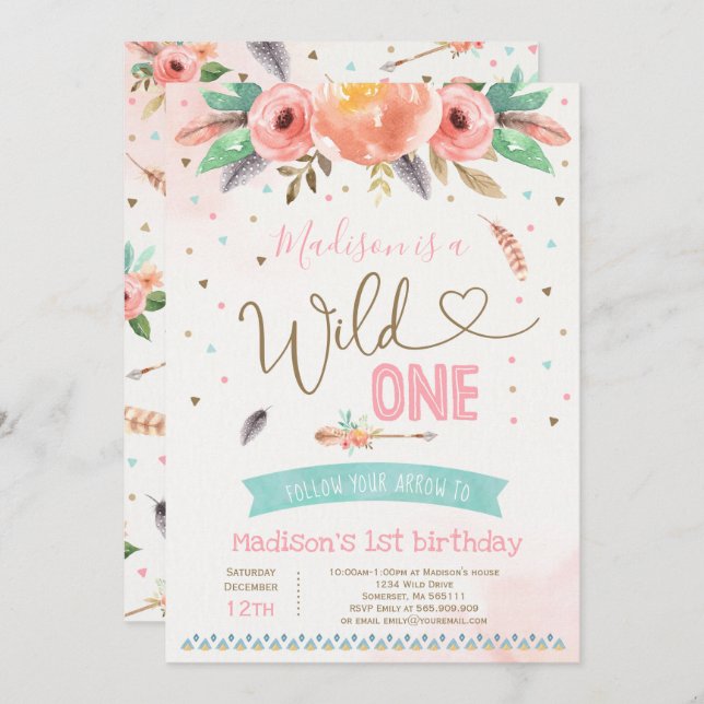 Boho Wild One Birday Invitación Watercolor Boho (Anverso / Reverso)