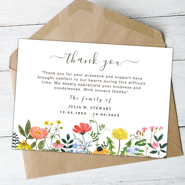 Boho Wildflower Moderno Funeral Gracias Nota (Subido por el creador)