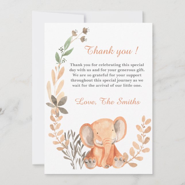 Boho Wildflowers Baby Elephant Gracias tarjeta (Anverso)