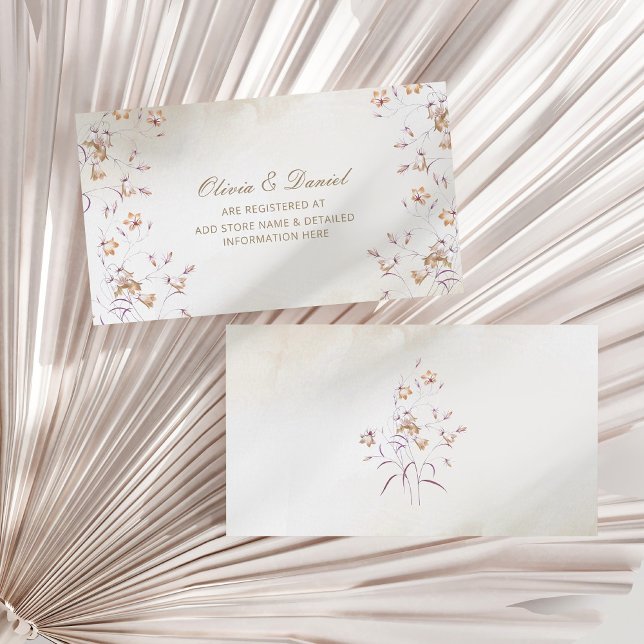 Boho Wildflowers Registro Boda Tarjeta de inserció (Boho Wildflowers Wedding Registry Insert Card on a sunny white dry palm leaf.)