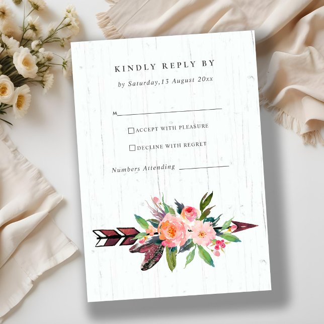 BOHO WOOD COUNTRY RUBOR ARROW FLORAL WEDDING RSVP (Subido por el creador)