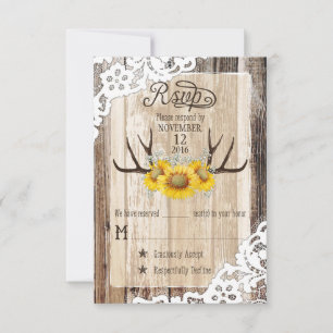 Boho Wood Sunflower Antlers Tarjeta RSVP